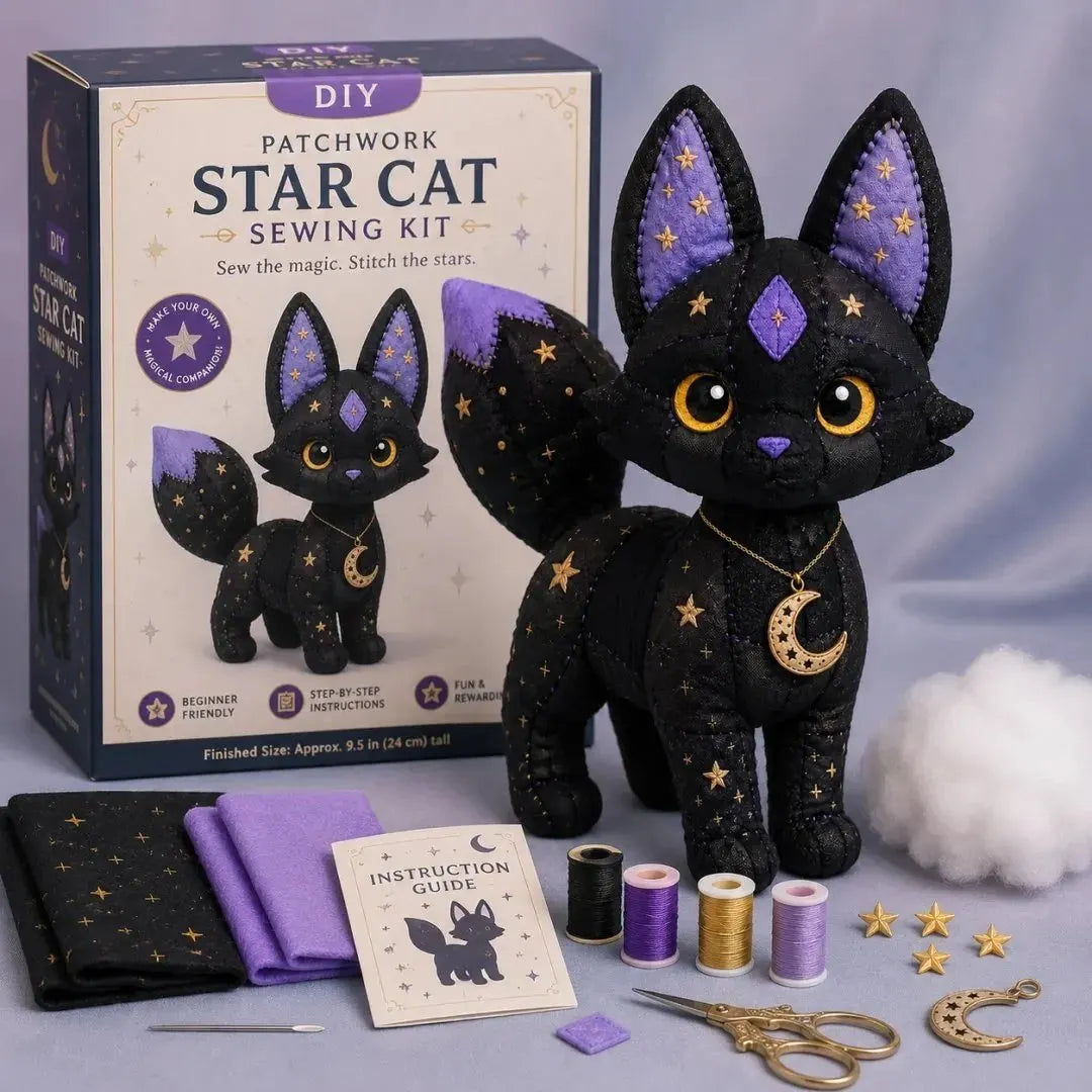 🔥HOT SALE🔥🔥49% OFF - 🐱Mystic Patchwork Animal Sewing Kit – DIY Plush Craft Kit with Starry Fabric, Moon Charm