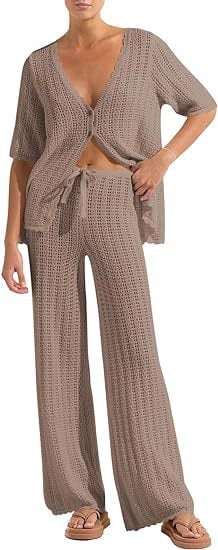 Women's Summer 2-Piece Swimsuit Coverup Crochet Knit Cardigan Tops Long Pants Set Bathing Suit Beach Outfit