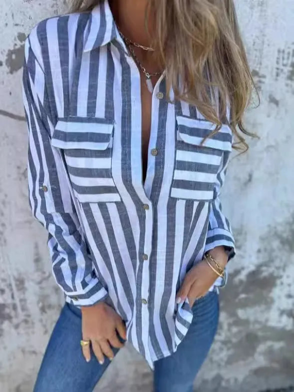Casual Striped Button-up Shirt with Pockets (Buy 2 Free Shipping)