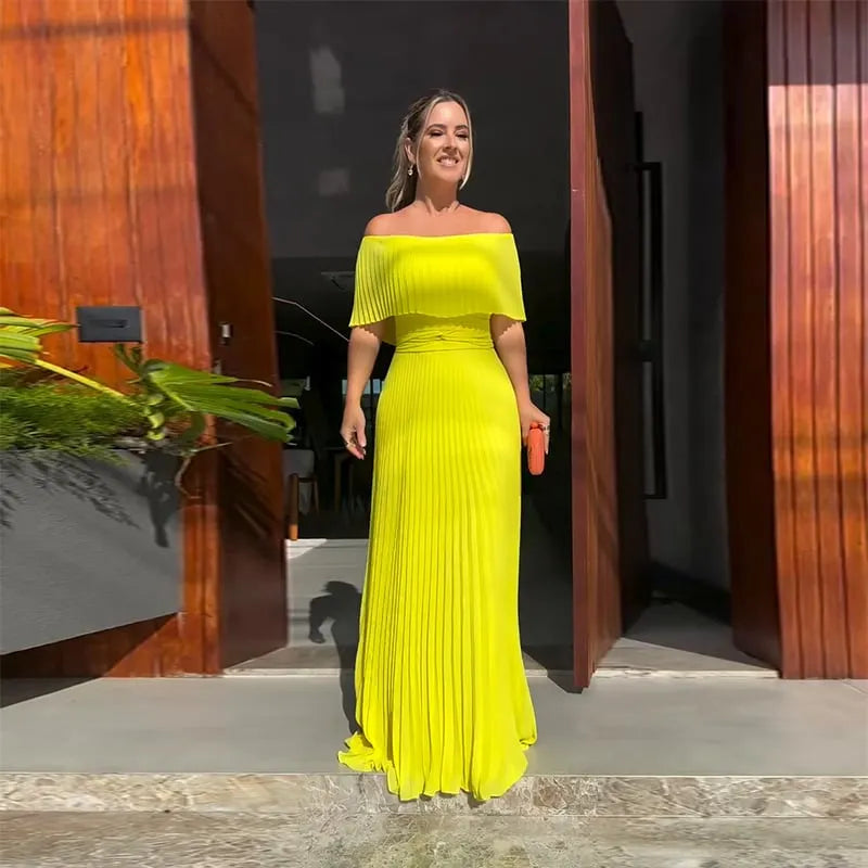 Women's News Pleated Flat shoulder sleeves Waist-Cinching Dress