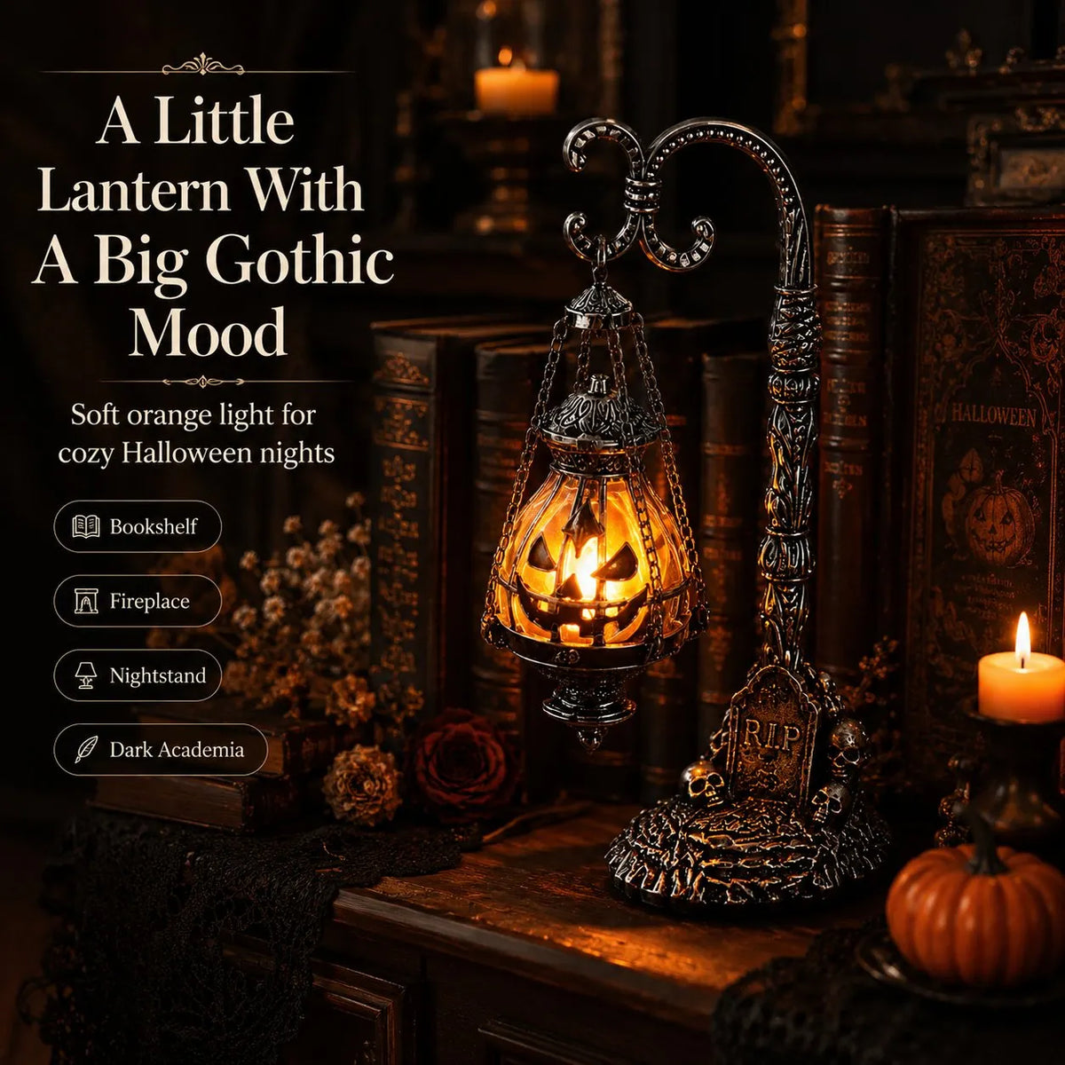 🔥HOT SALE🔥🎃 Gothic Pumpkin Lantern Stand | Warm Orange LED Glow, Victorian Skull Details & Haunted Shelf Decor 🕯️