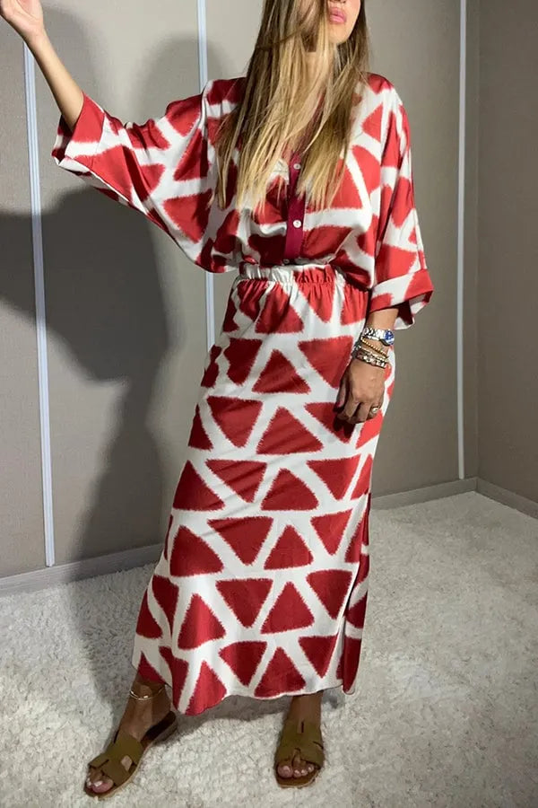 HARLEN SATIN UNIQUE PRINTED LOOSE SHIRT TOP AND ELASTIC WAIST MAXI SKIRT SET