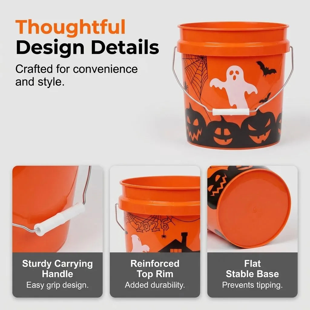 🎉🔥HOT SALE🔥🎃Halloween Trick or Treat Candy Buckets with Sturdy Handle - Classic Home Depot Orange Ghost Pumpkin Bat Trick-or-Treat Pails - Durable Reusable Plastic Bucket Container for Kids Party Favors & Seasonal Decor🍬
