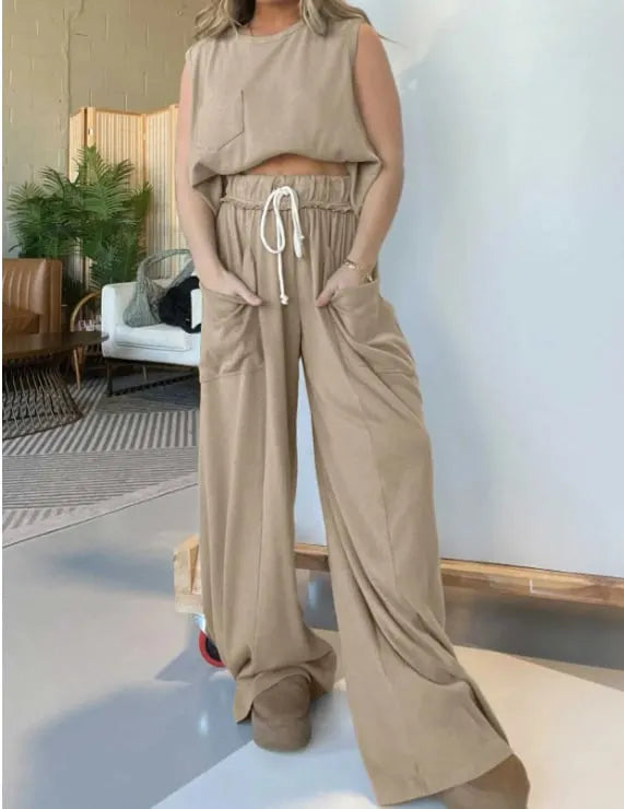 Comfort Tank Top and Elastic Waist Wide Leg Pocket Pants Set