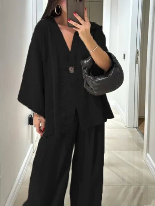 Solid color V-neck top and wide-leg pants set