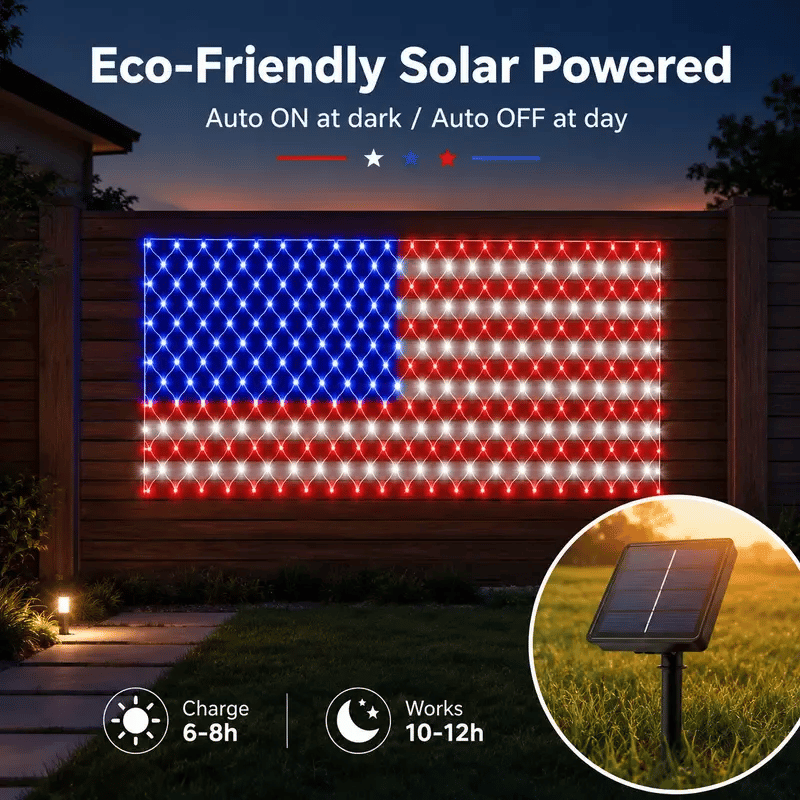 🦅🎉 Waterproof Solar American Flag Net Lights 6.5ft x 3.28ft 🇺🇸 Super Bright 420 LEDs 🔥Buy 2 Sets Free Shipping
