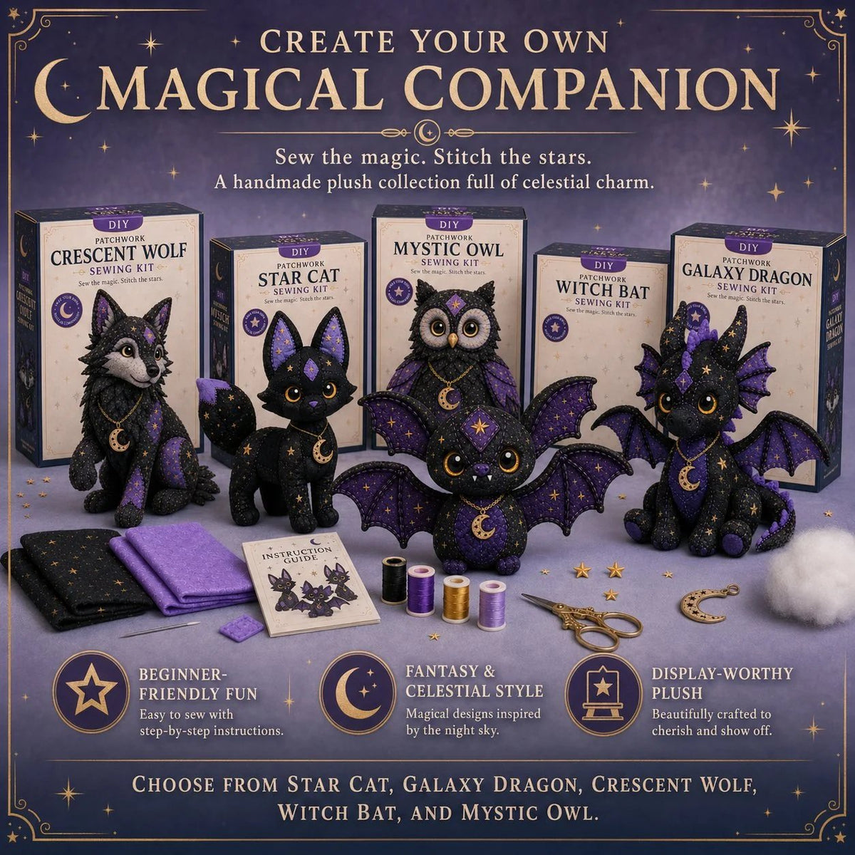 🎉49% OFF - 🐱Mystic Patchwork Animal Sewing Kit – DIY Plush Craft Kit with Starry Fabric, Moon Charm