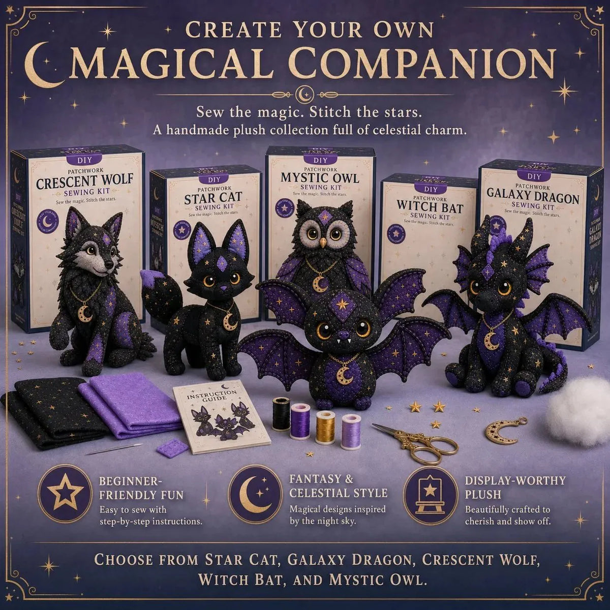 🔥HOT SALE🔥🔥49% OFF - 🐱Mystic Patchwork Animal Sewing Kit – DIY Plush Craft Kit with Starry Fabric, Moon Charm