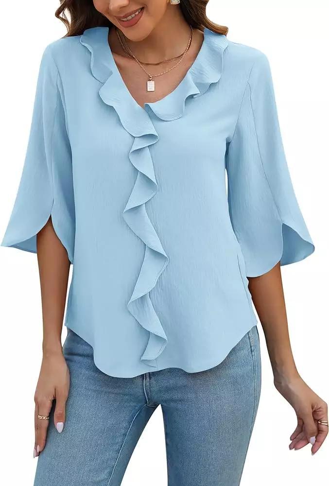 Women's V-Neck 3/4 Ruffle Sleeve Tops