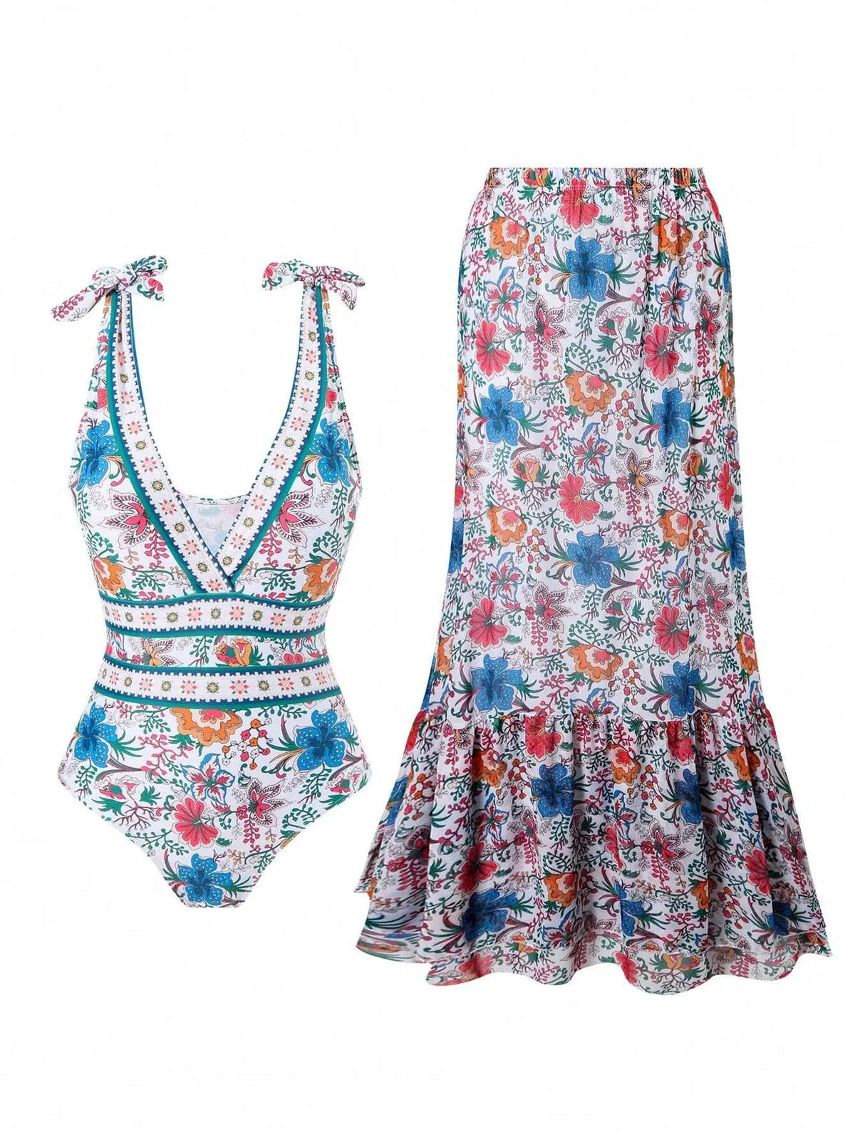 🩱V-neck One-Piece Swimsuit with Lace-up, Print, and Skirt💃