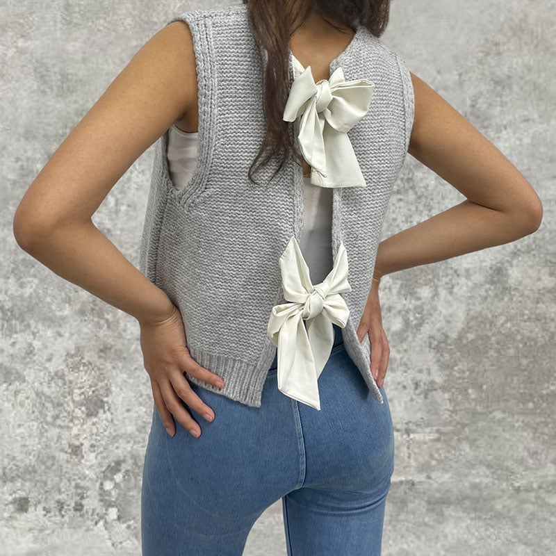 Satin Ribbon Bow Tied Back Lace Up Knit Vest