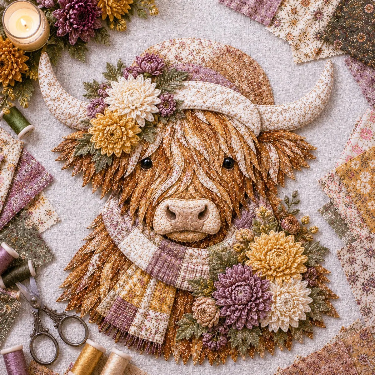 🎉💐🌸 Birth Flower Highland Cow 3D Layered Fabric Art DIY Kit (Beginner-friendly) 🔥 Buy 2 Free Shipping