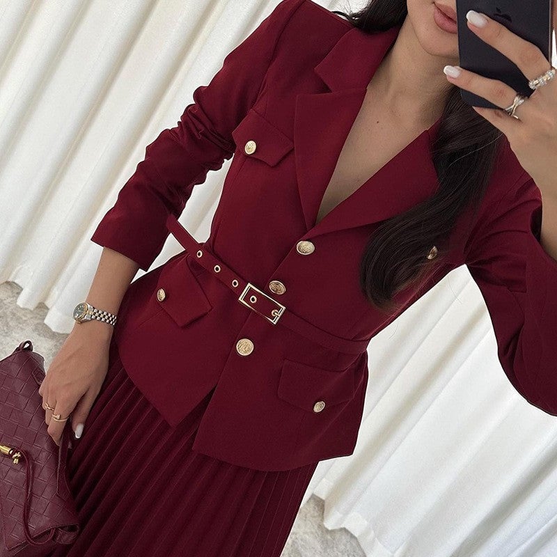 🔥Hot sale🔥Women's Blazer with Lapels and Maxi Pleated Skirt, 2-Piece Set with Matching Belt(🚛Free shipping)
