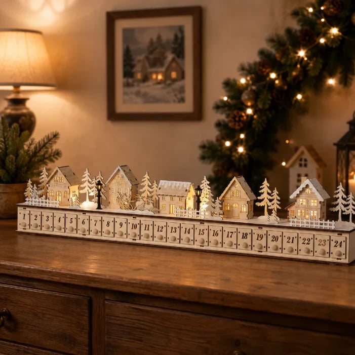 🔥HOT SALE🔥🏡🎁Wooden Village Advent Calendar With Led Glow