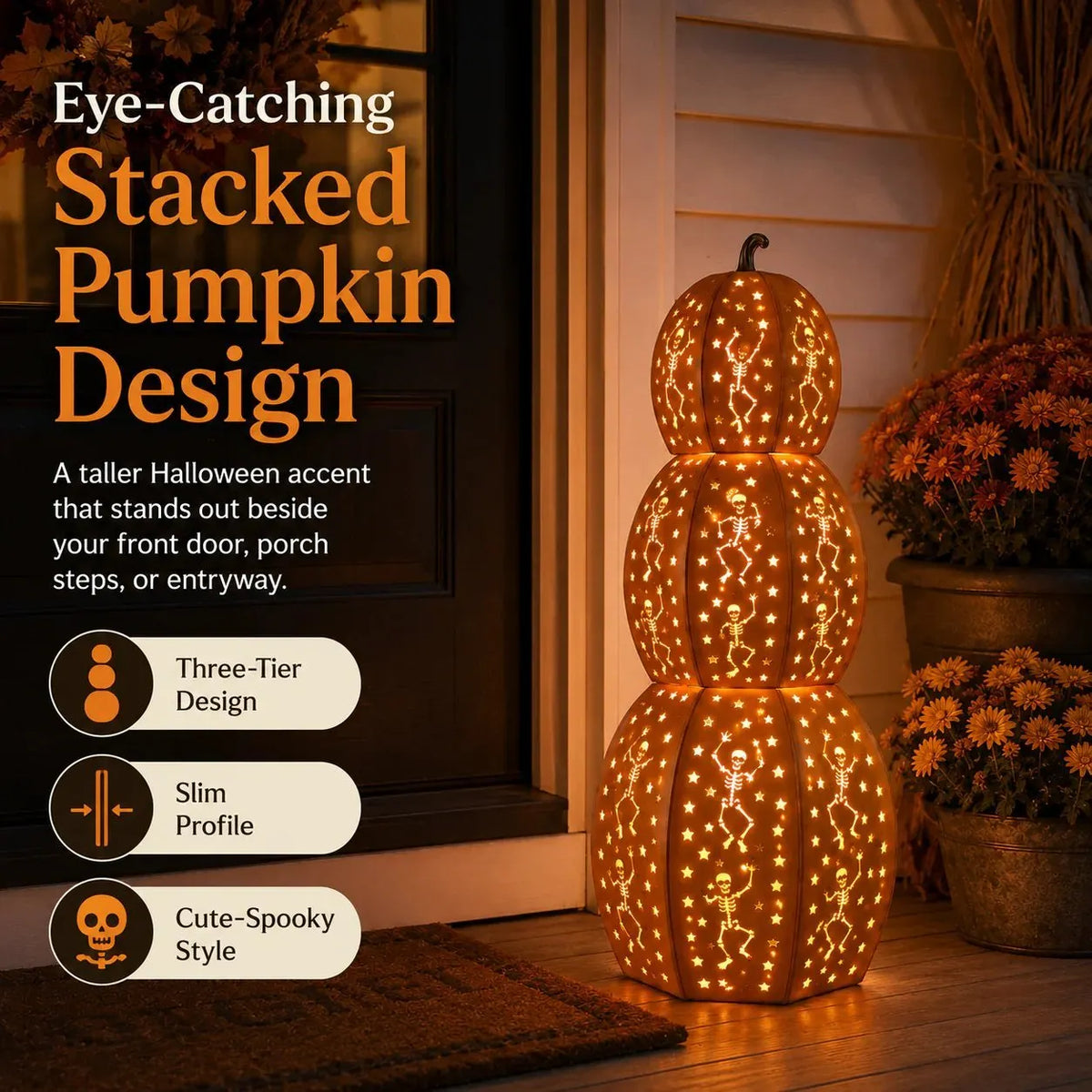🔥HOT SALE🔥🎃Lighted Stacked Pumpkin Porch Decor with Remote & Timer –✨ 3-Tier Halloween LED Pumpkin Statue for Entryway, Covered Porch & Indoor Outdoor Seasonal Display🏡
