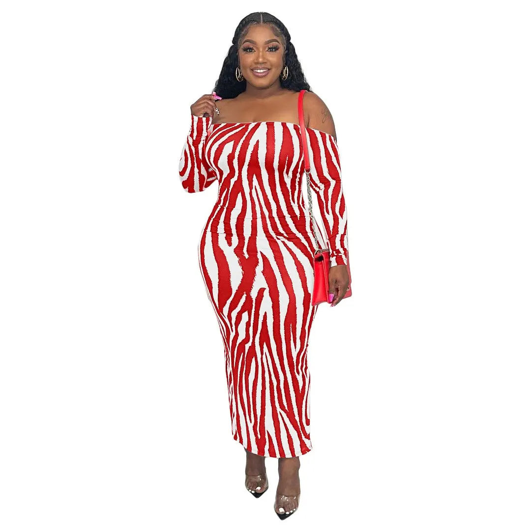 Women Fashion Sexy Off-Shoulder Zebra Print Long Sleeve Maxi Dress