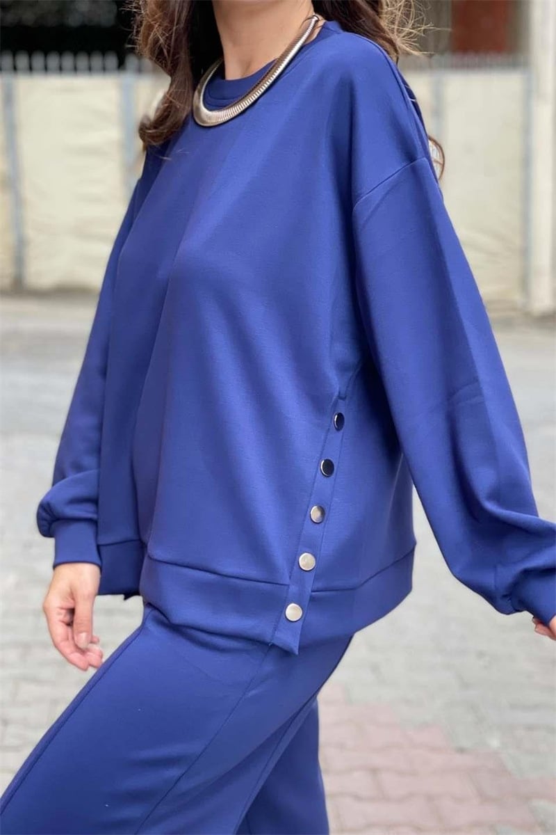 Metal Button Split Long Sleeve Top and Sporty Tapered Pants