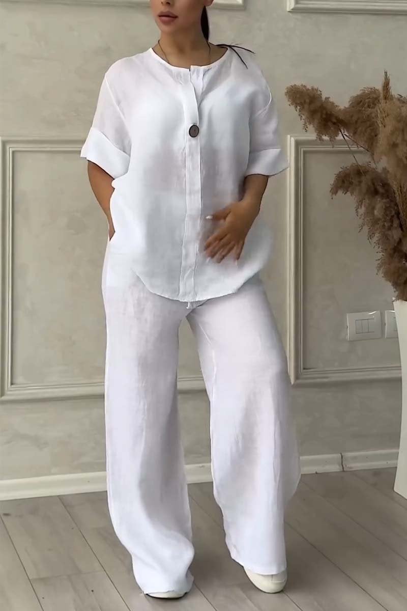 Casual button Decorated Cotton and Linen Two-Piece Set