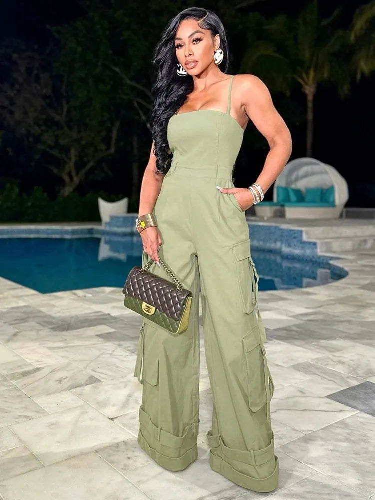 Strap Backless Multi Pocket Wide Leg Jumpsuit
