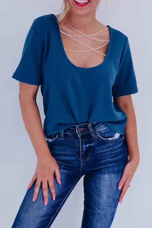 Pearl Beaded Backless Two-Way Short-Sleeved Top (Buy 2 Free Shipping)