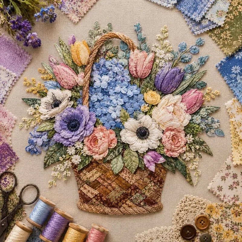 🔥HOT SALE🔥🌸🧵 Premium Floral Basket Patchwork DIY Kit | High-Quality Layered Fabric Bouquet with Raised Petals & Woven Basket Details ✨