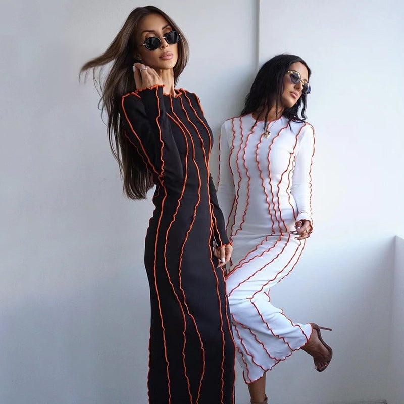 Autumn and Winter Sunken Stripe round Edge Dress Women's Clothing