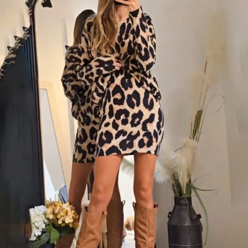 Elegant Round Neck Leopard Print Mini Dress (Buy 2 Free Shipping)