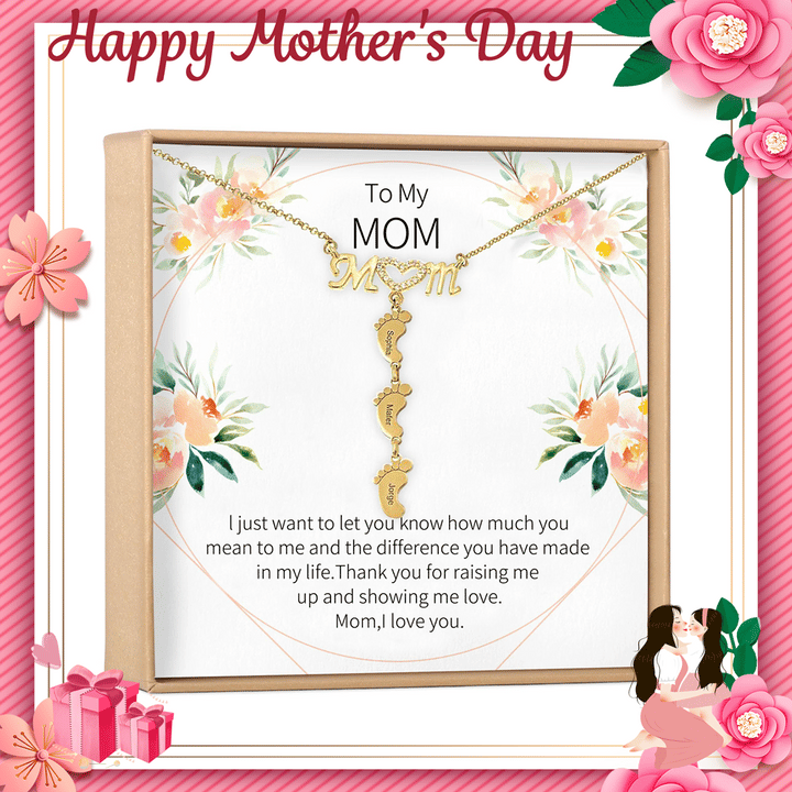 Mother's Day Gift Personalised Heart Crystal Mom Necklace With Baby Feet