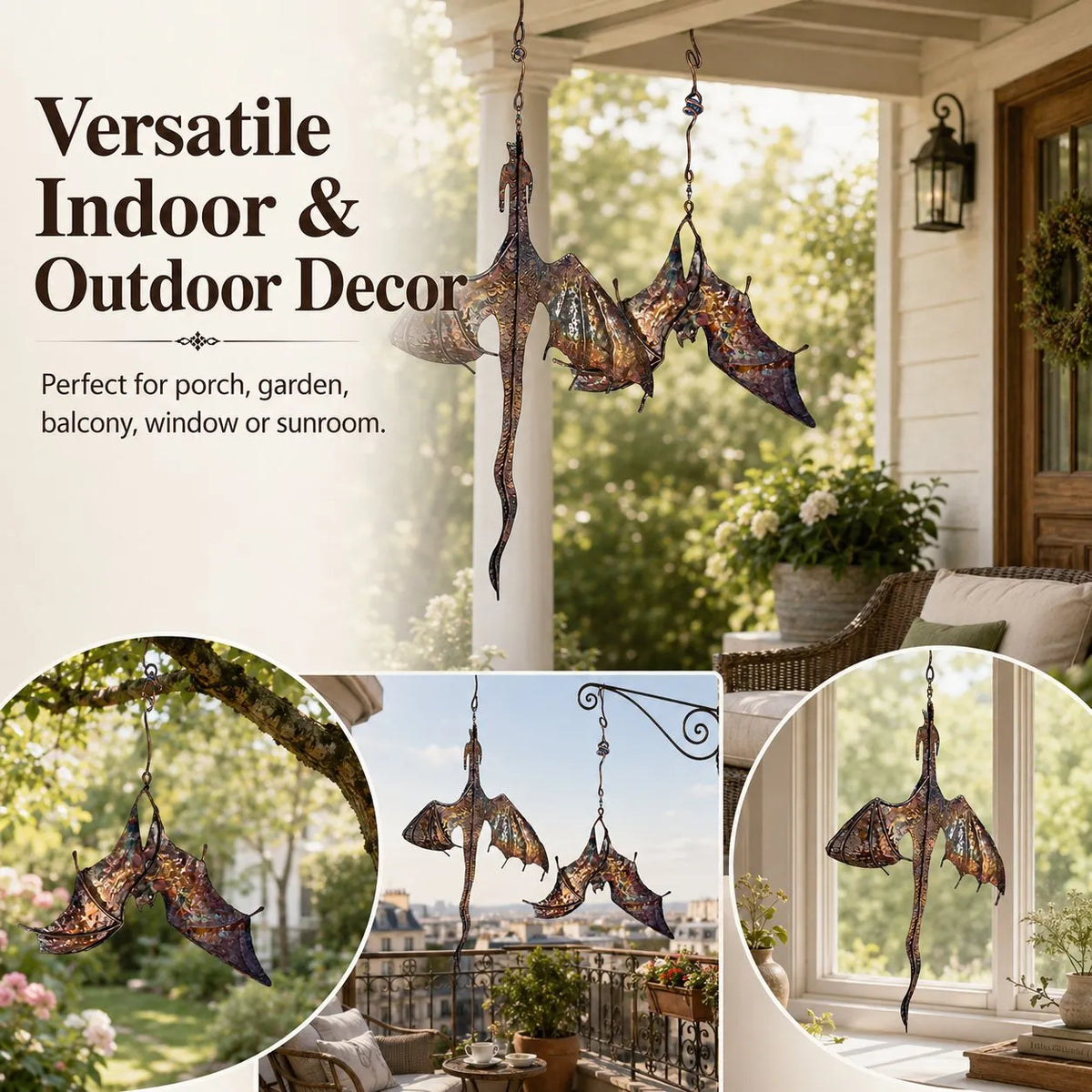 Metal Wind Spinner Hanging Ornament – Dragon & Bat Garden Wind Catcher 🦇🐉