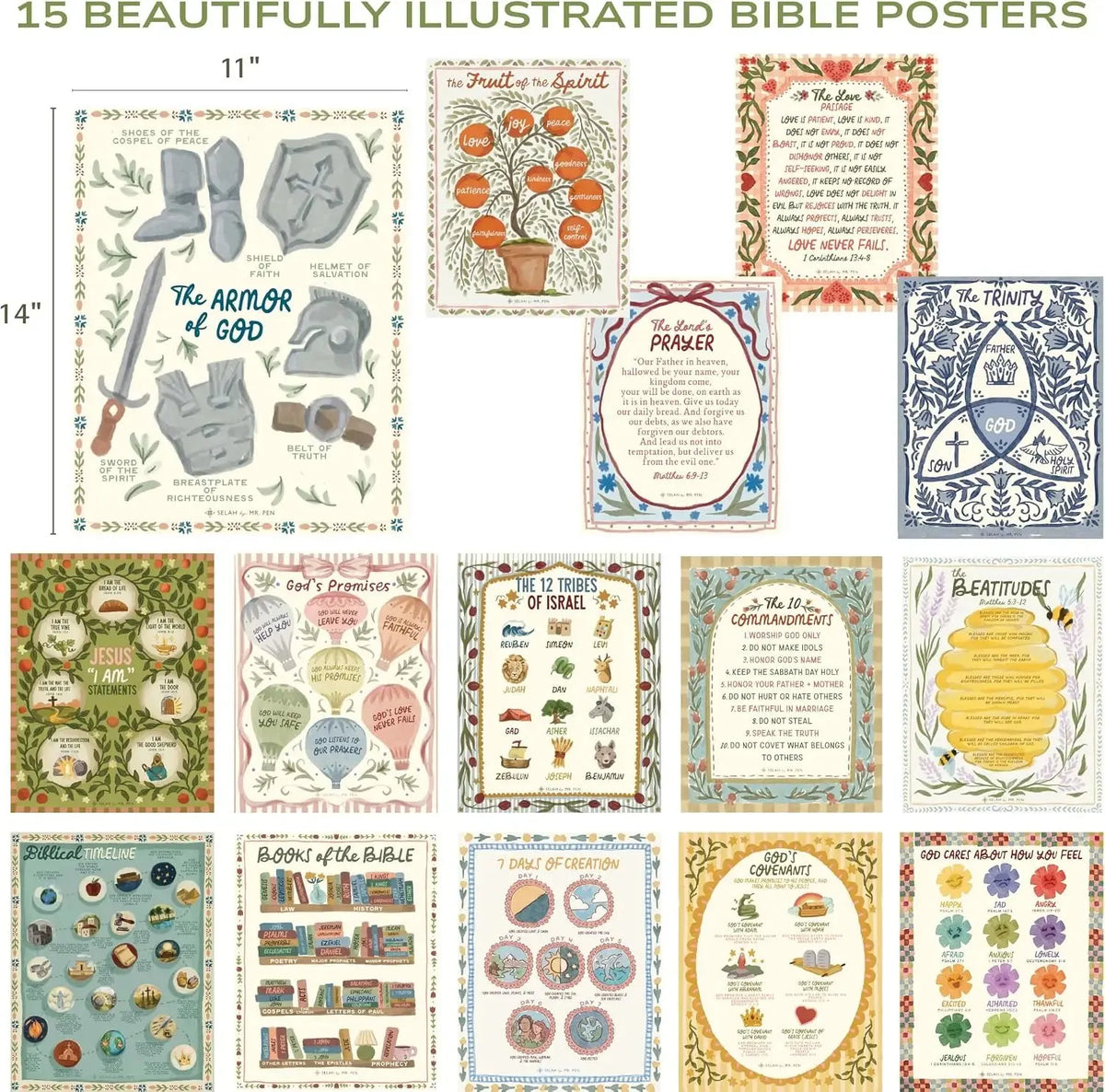 ⛪Sunday School Decorations for Classroom, 11x14in Books of the Bible Poster, 15-Piece Bible Posters for Kids✝💕