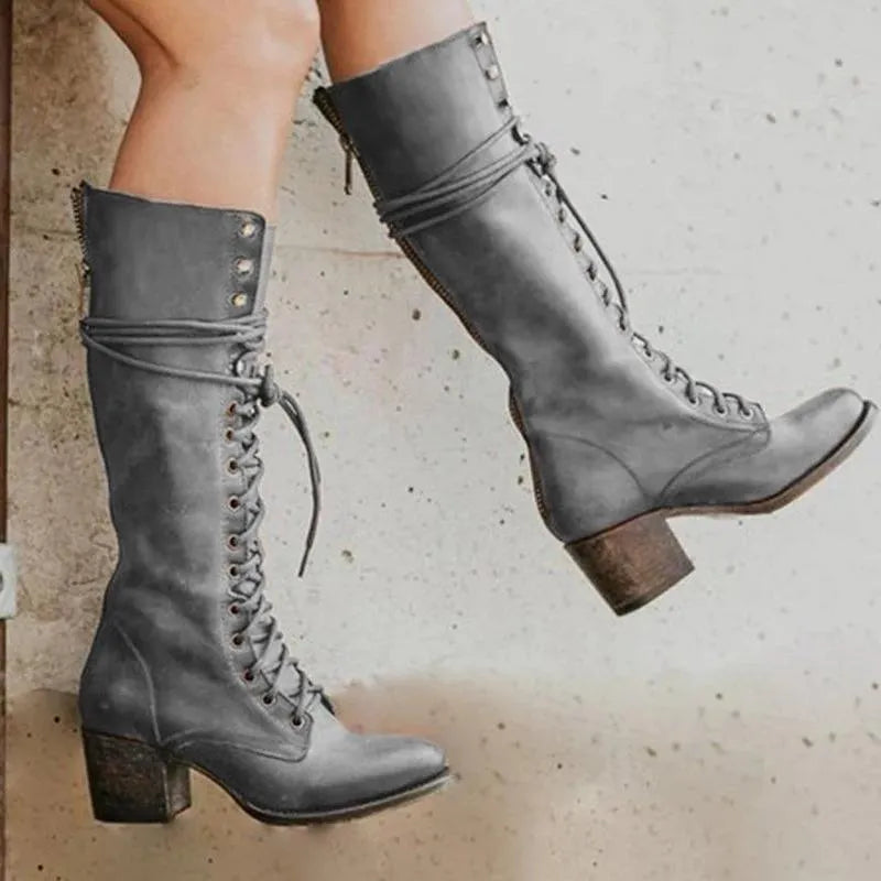 Women Round Toe Chunky Platform Medium Heel Long Lace Up Boots