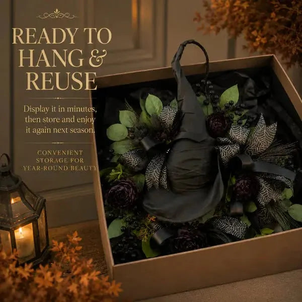 🧙Premium Gothic Black Rose Witch Hat Wreath – Haunting Elegant Halloween Front Door Statement Decor