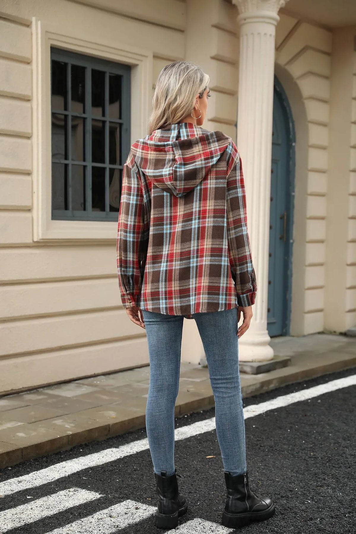 Women Autumn Winter Loose Long Sleeve Hooded Button Plaid Coat