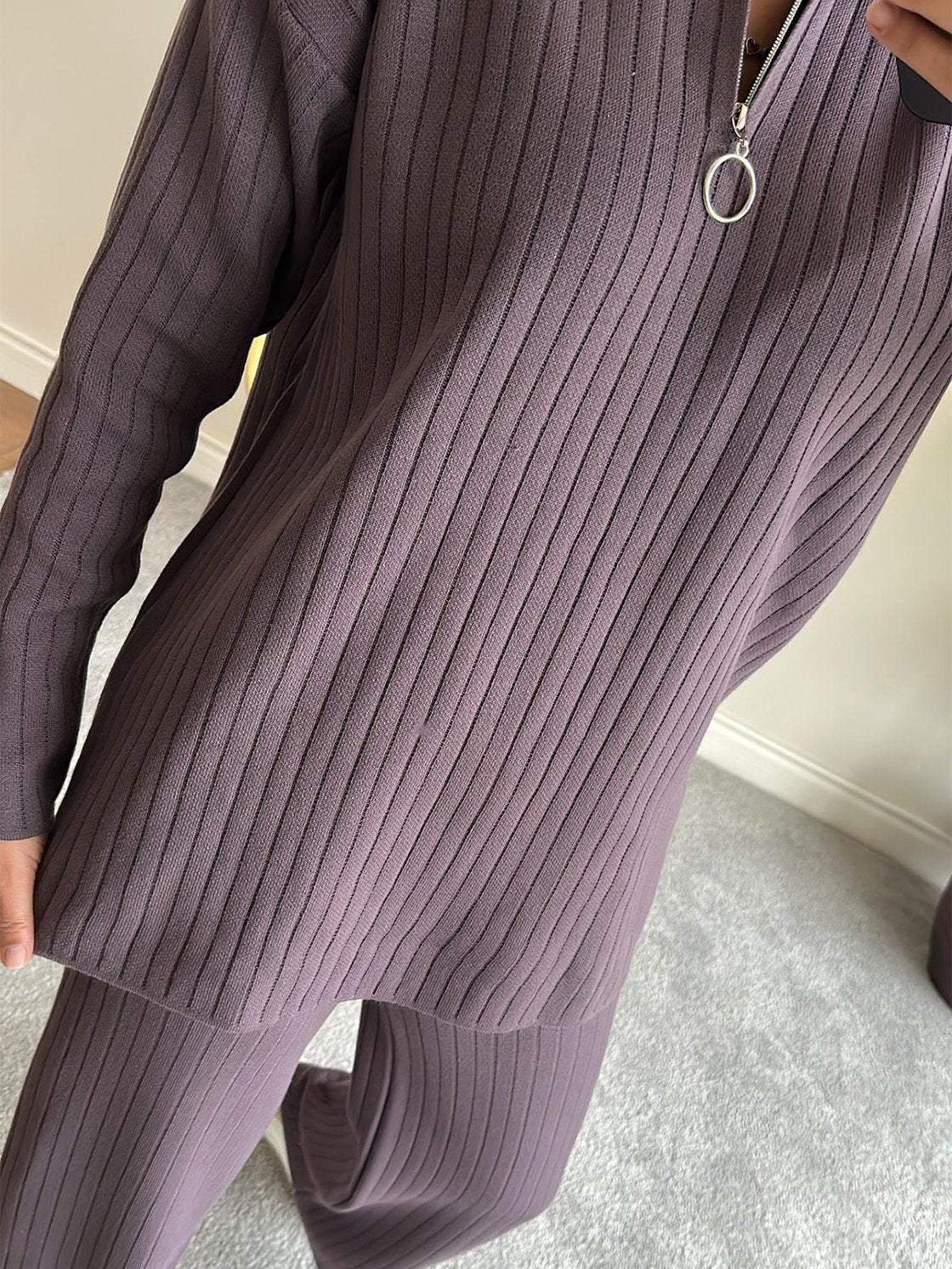 Zipper High-Neck Ribbed Two-Piece loungewear Set