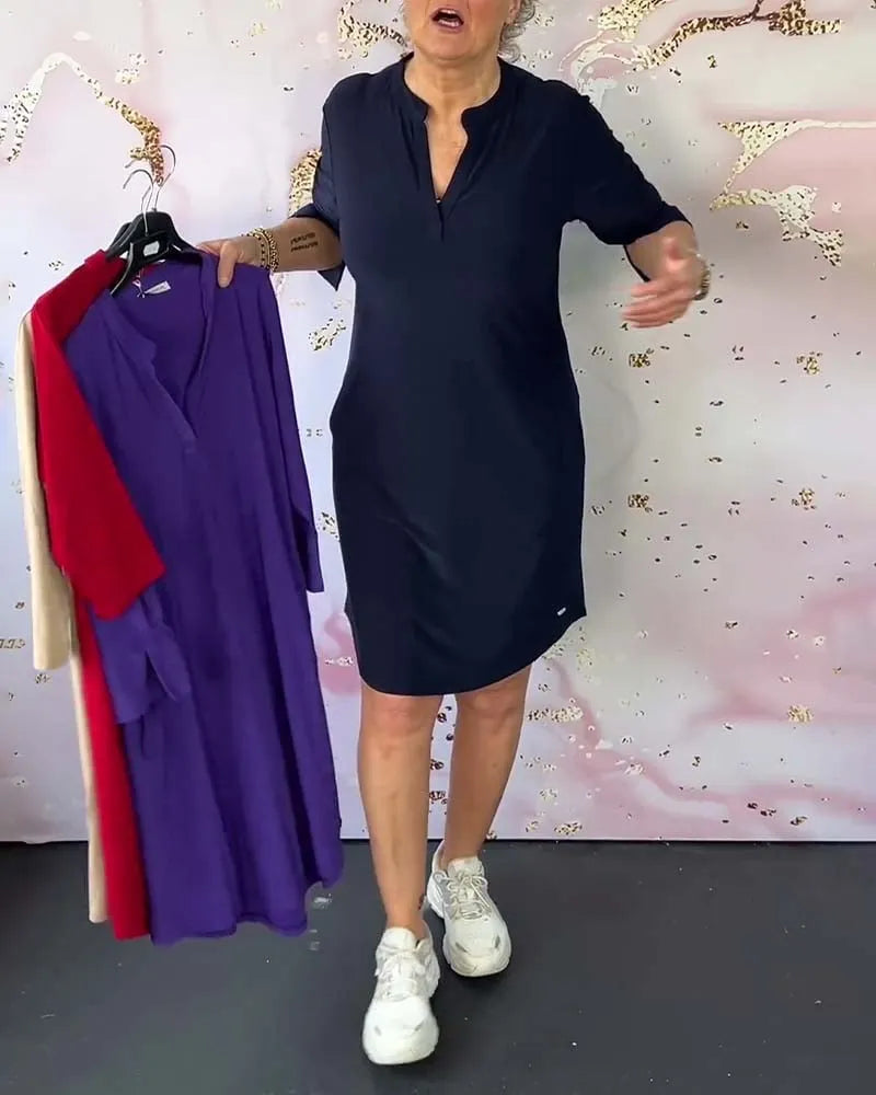 Solid-color V-neck dress - buy 2 free shipping