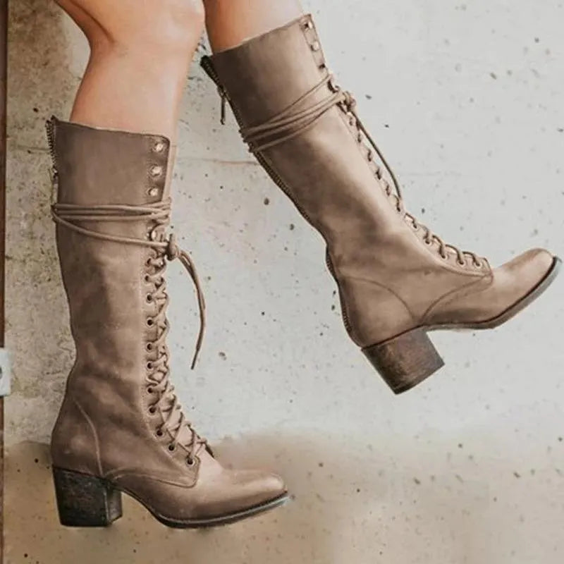 Women Round Toe Chunky Platform Medium Heel Long Lace Up Boots