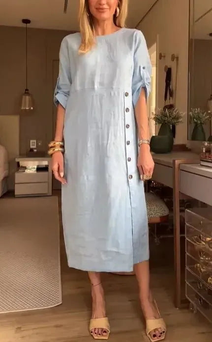NEW🔥 Women's Solid Color Round Neck Split Mid-Length Casual Dress