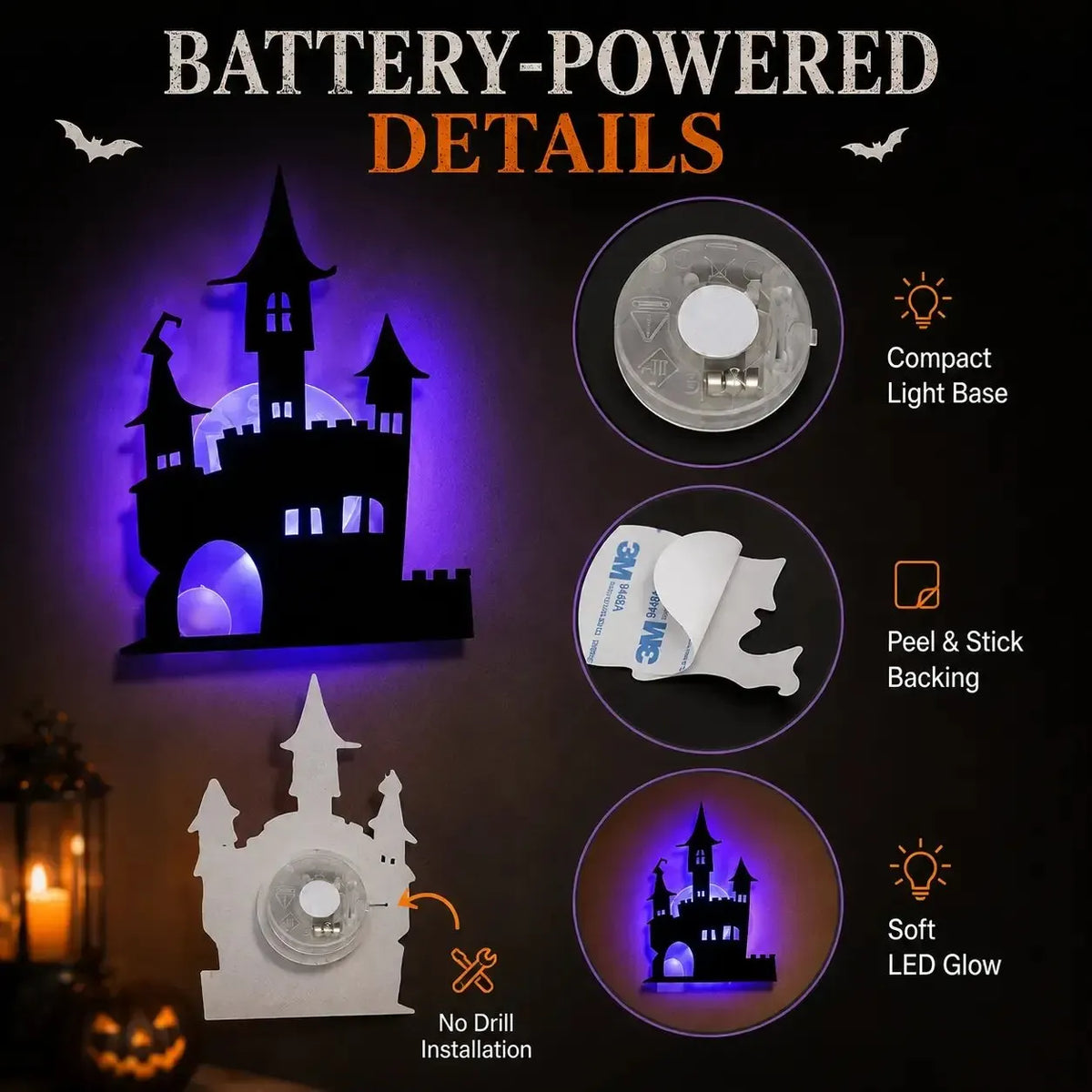 🎃Halloween LED Silhouette Wall Stickers – 🖤Spooky Peel & Stick Light-Up Decor