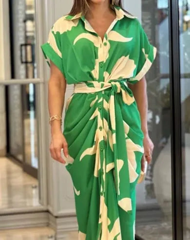 Printed Waist Cinching Shirt Dress