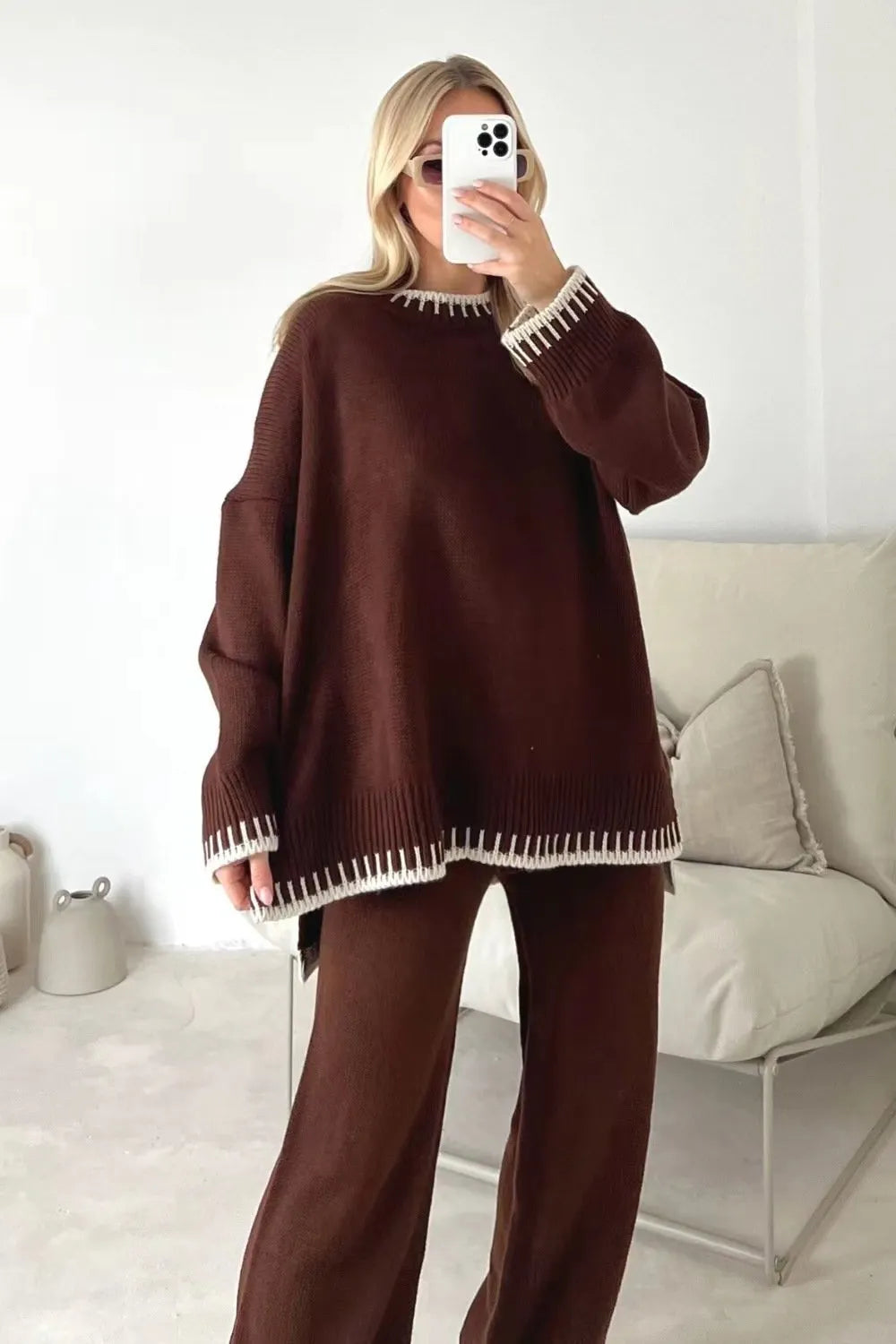 Round Neck Dropped Shoulder Top and Pants Sweater Set
