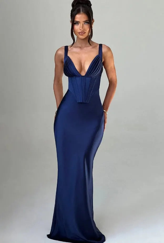 V-Neck Fishbone Satin Slip MAXI Dress