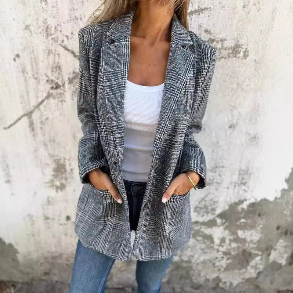 Stylish Retro Houndstooth Lapel Casual Blazer