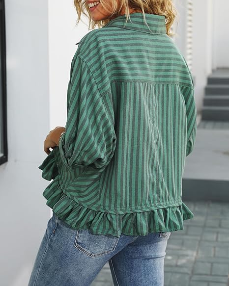 Summer Top🌞 Ruffled Hem 3/4 Sleeve Button-Down Striped Shirt