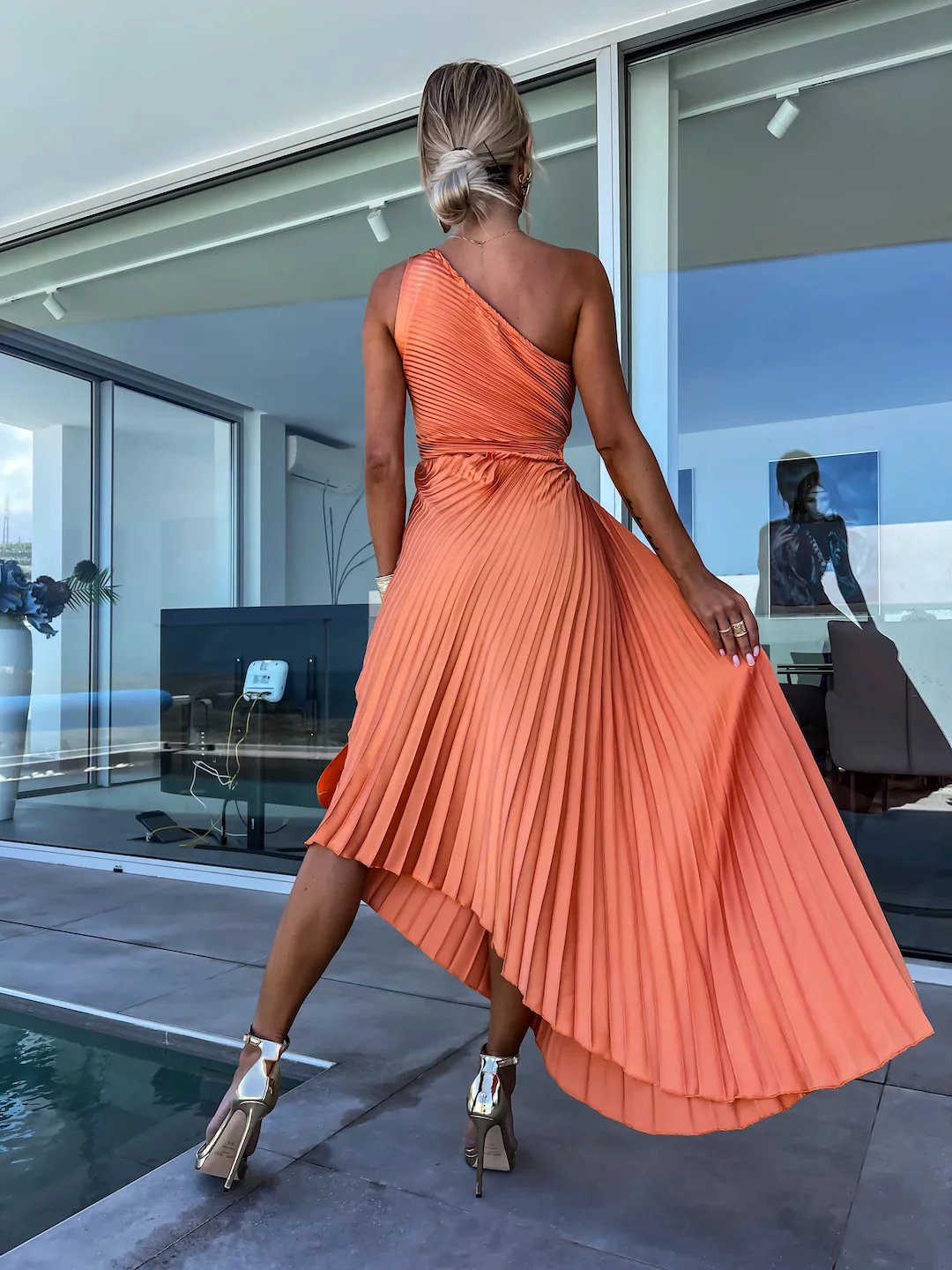 Stunning One - Shoulder Pleated Cut - Out Dress