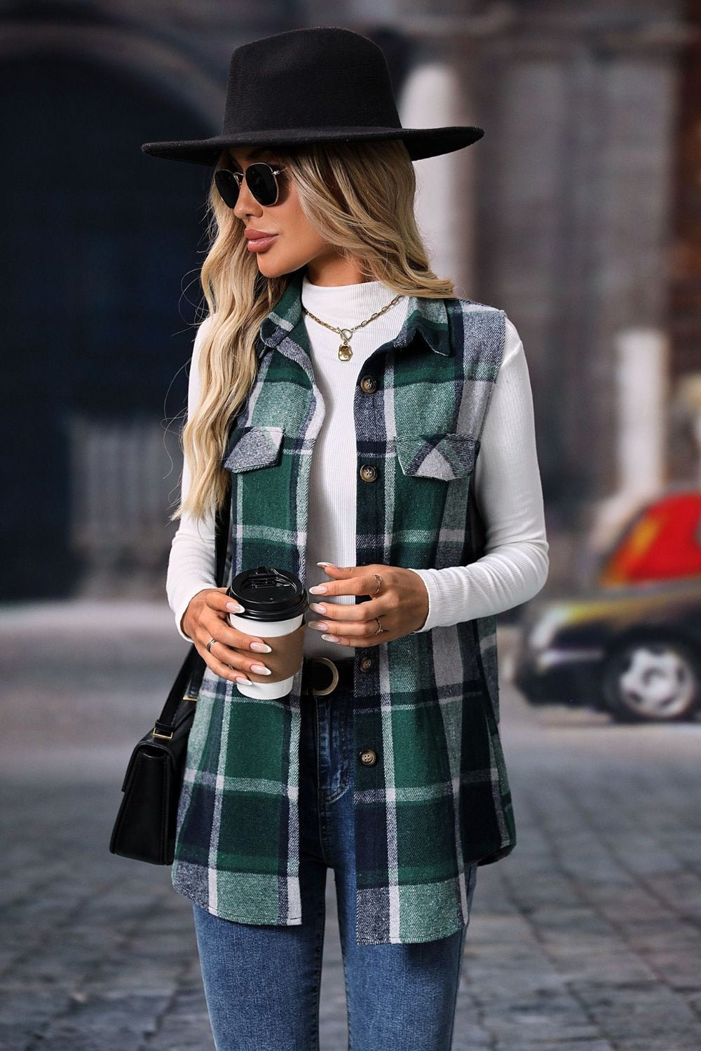 Women's Plaid Print Button Front Vest Coat