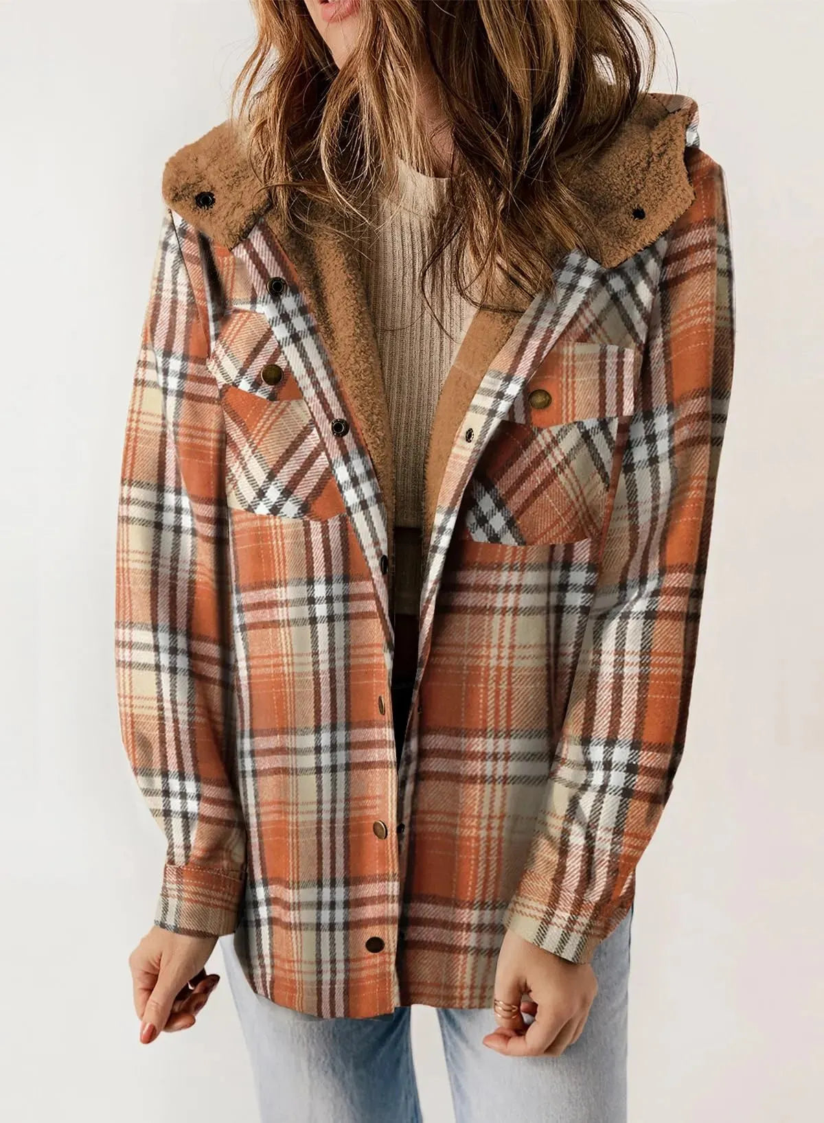 ⏰HOT SALE-WOMEN'S THICKENED FLANNEL LONG SLEEVE PLAID JACKET COAT WITH HOOD