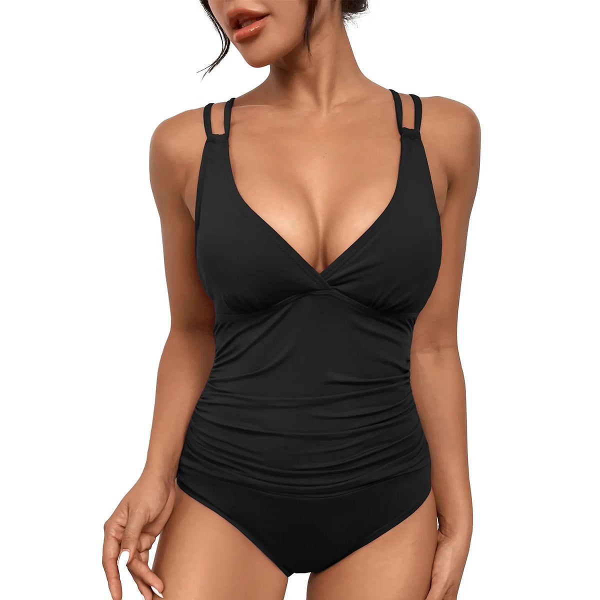 Solid pleated one-piece swimsuit