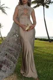 Genis Hollow Elastic Bust High Neck Sleeveless Gathered Maxi Dress