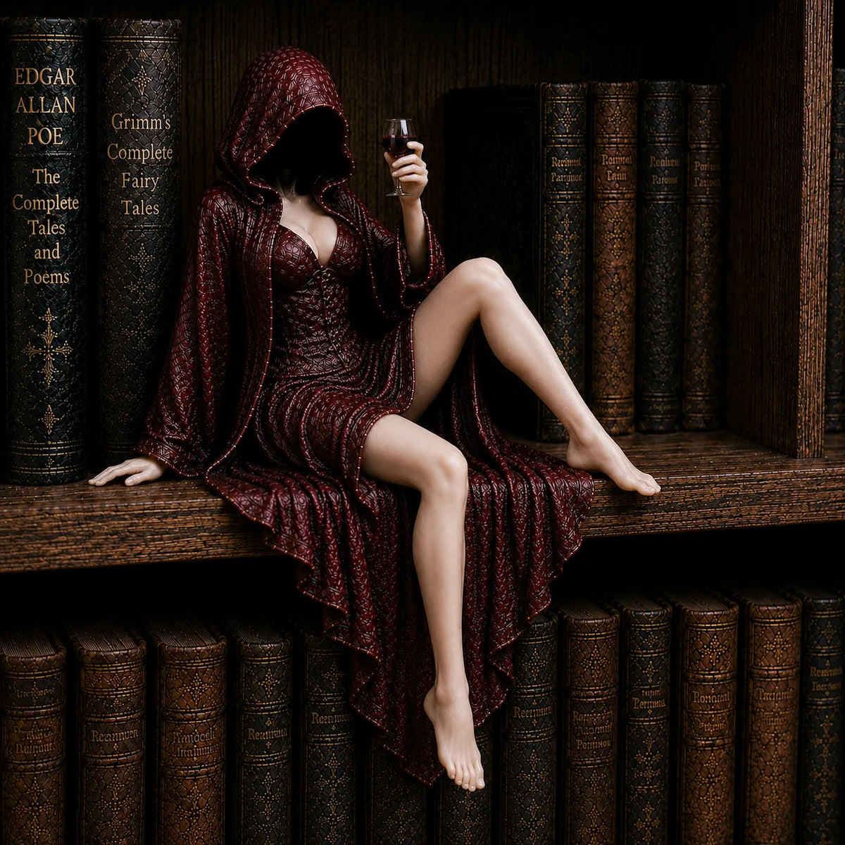 "Midnight Reader" Hooded Wine Muse Bookshelf Statue – Gothic Fantasy Shelf Decor