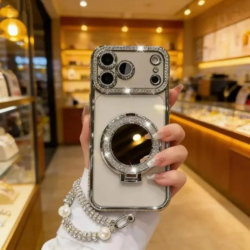 🎉💎Sparkling Diamond Women's Phone Case with Mirror & Stand for iPhone 12/13/14/15/16/17 Pro Max,17Air,14/15/16 Plus💖